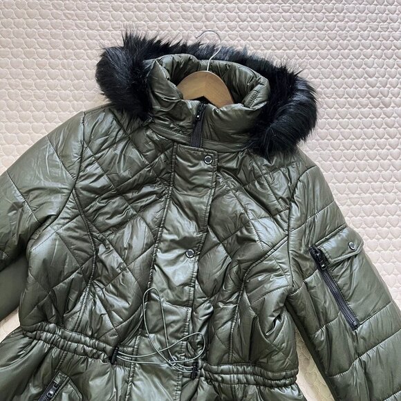 NWT Michael Kors Quilted Women Long Puffer Coat w/ Fur Hoodie Olive Size 1X - Picture 5 of 15
